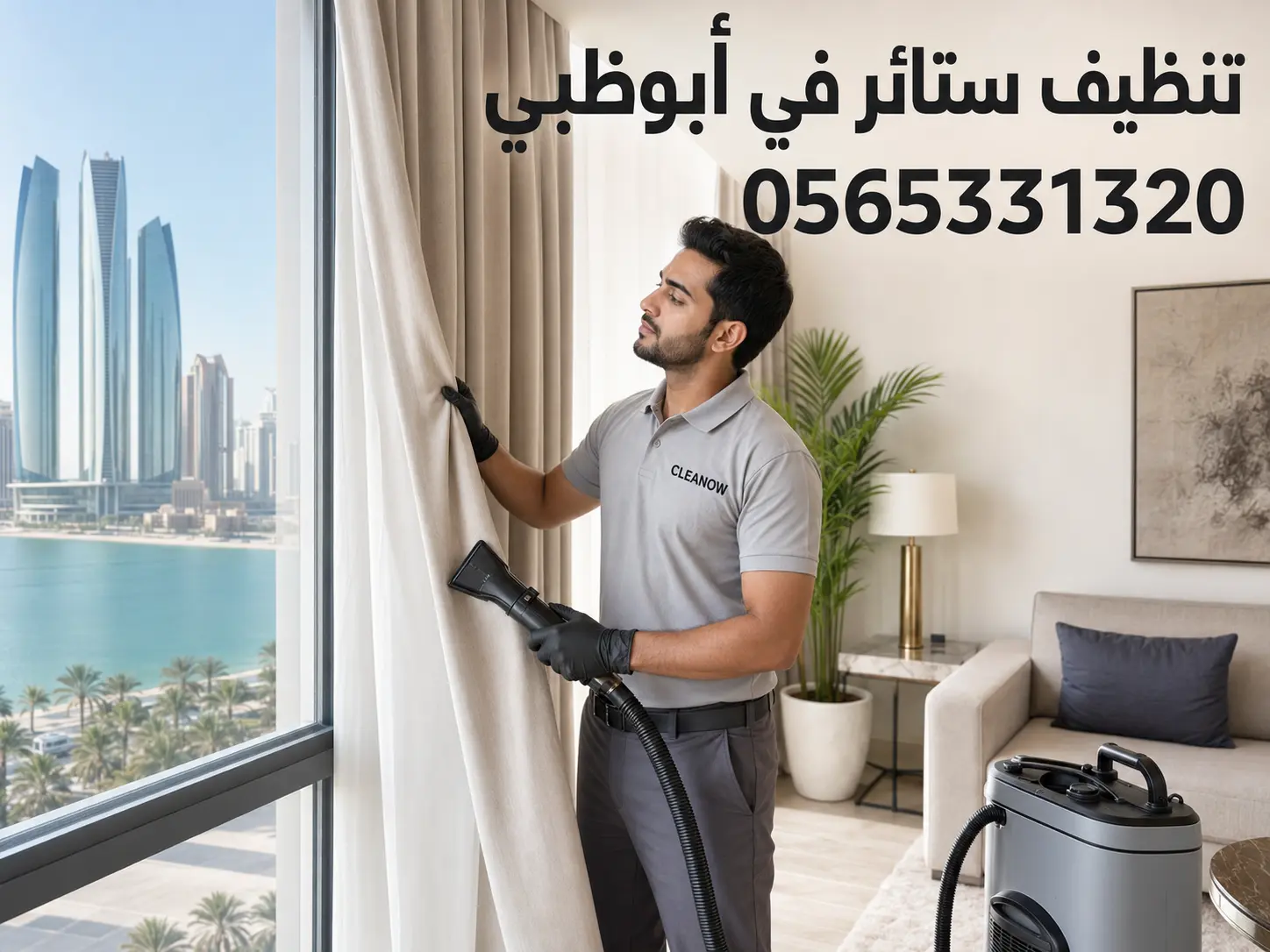 عامل متخصص ينفذ خدمة تنظيف ستائر في أبوظبي داخل المنزل