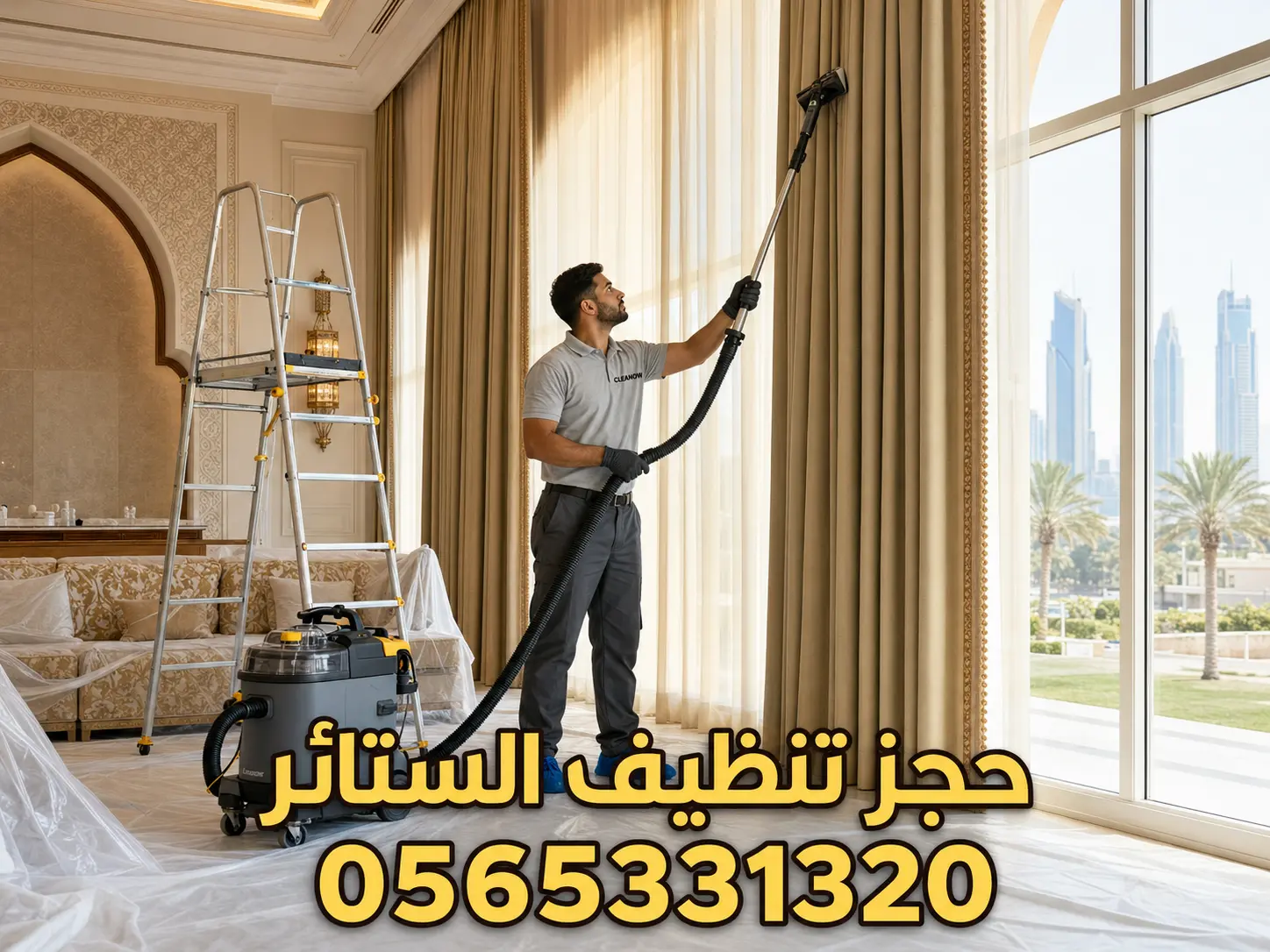 تنظيف الستائر العالية داخل فيلا في أبوظبي مع حماية الأثاث والأرضيات