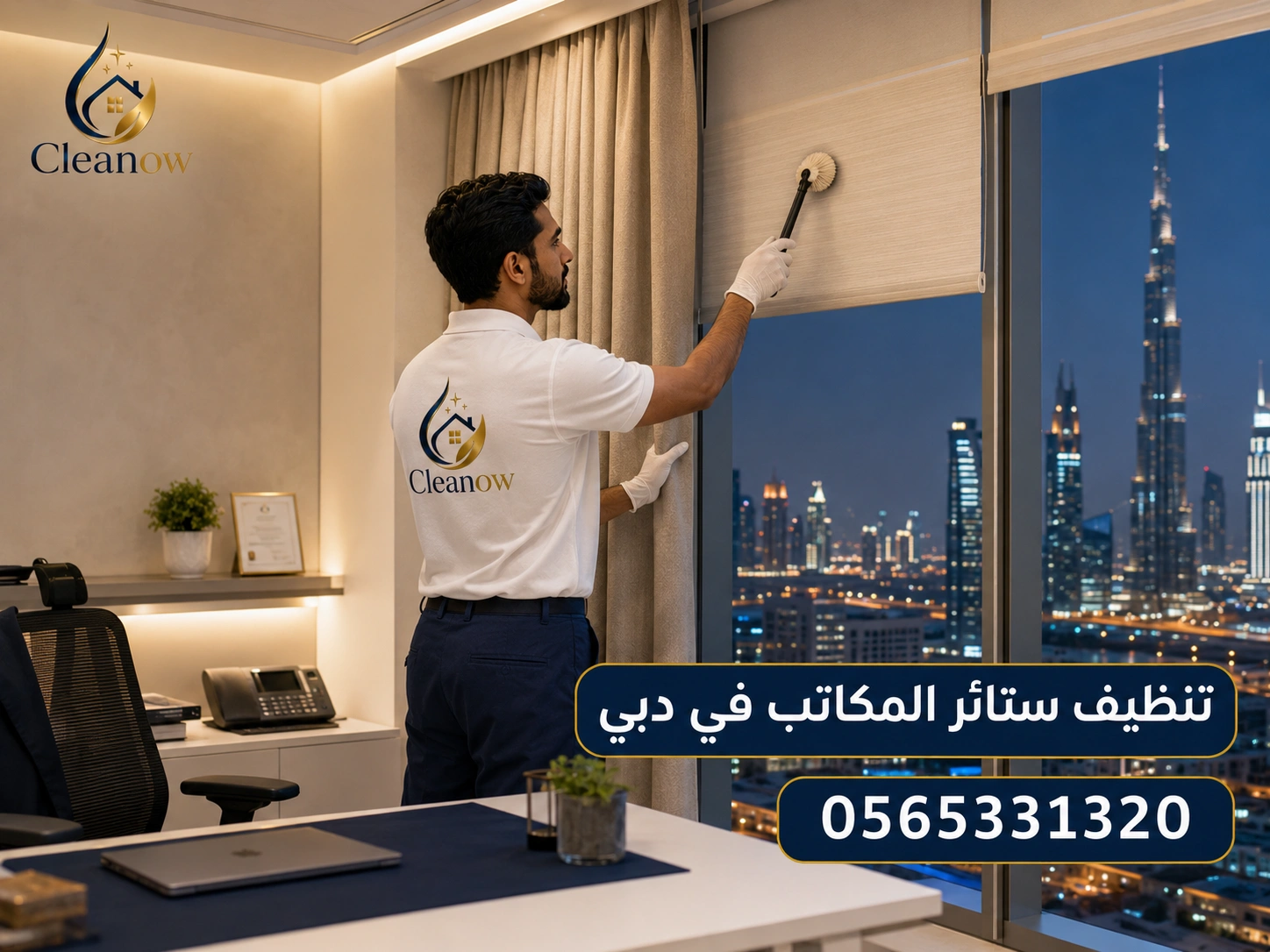 عامل Cleanow ينفذ تنظيف ستائر المكاتب والرول في دبي