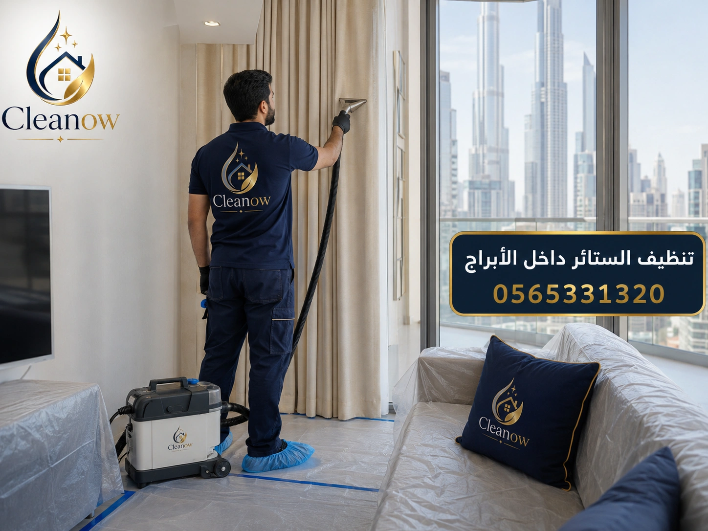 تنظيف الستائر داخل أبراج دبي مع حماية الأرضية والأثاث