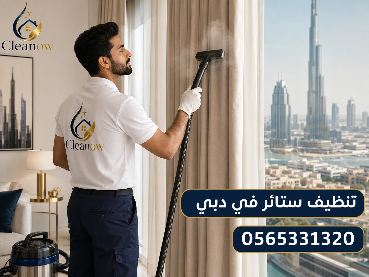 عامل Cleanow ينفذ خدمة تنظيف ستائر في دبي داخل شقة مرتفعة