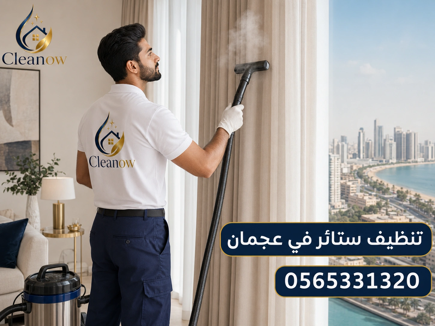 عامل متخصص ينفذ خدمة تنظيف ستائر في عجمان وهي معلقة